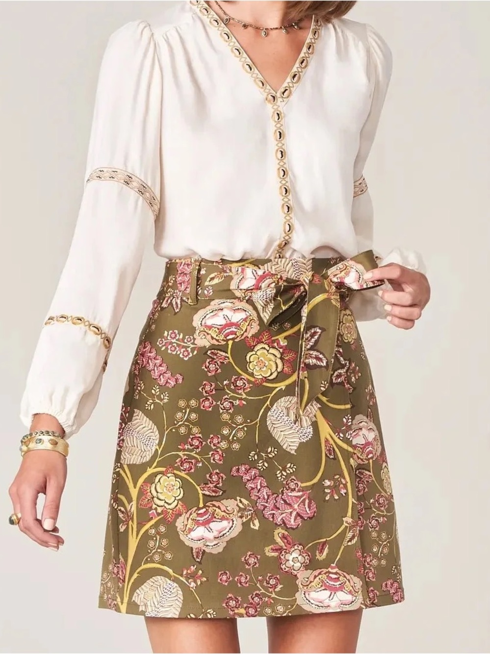 Spartina 449 Linden Stretch Skirt High Waisted Olive Green Floral Print Size XL - Picture 1 of 7